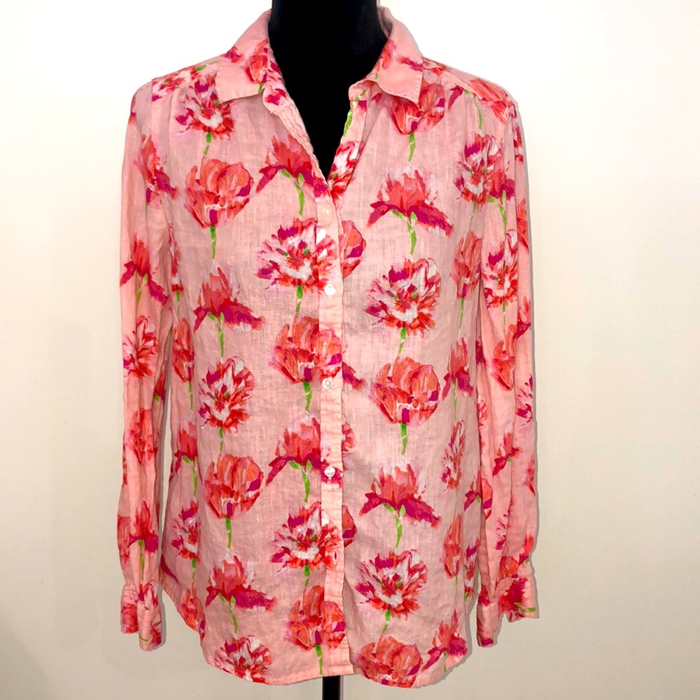 Charter Club Linen Pink Floral Print Button Down Blouse Spring Summer - Picture 1 of 8
